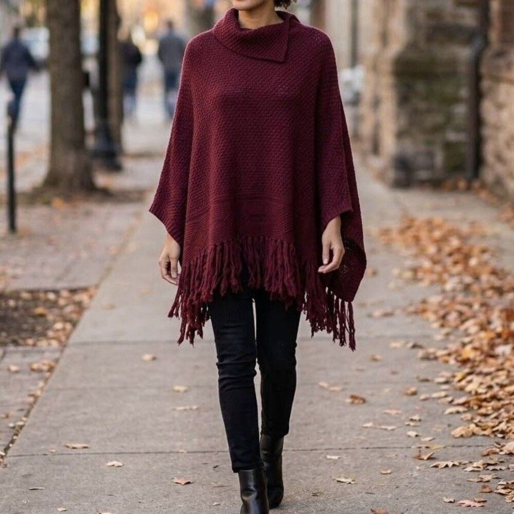 Coldwater Creek Wool Blend Fringe Poncho Sweater Burgundy Wine Knit Cowl Neck